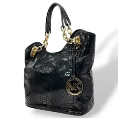 美品 マイケルコース MICHAEL KORS 型押し レザー トートバッグ ショルダー 肩掛け 黒 ブラック 金金具 ゴールド金具 C10