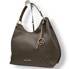 【未使用級/美品】マイケルコース ショルダーバッグ ワンショルダー ホーボーバッグ シグネチャー MKロゴチャーム PVC レザー ブラウン A4 大容量 自立可 レディース 通勤 通学 エレガント カジュアル s80