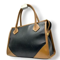 美品 イヴサンローラン Yves Saint Laurent ハンドバッグ ミニボストン YSLロゴ 総柄 型押し レザー 本革 ブラック ブラウン バイカラー カサンドラ レディース ビンテージ レトロ クラシック オールド 鞄 カバン S