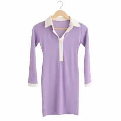 新品／即日発送 ラベンダー カラーネック ロングスリーブ シャツ ミニ ONE PIECE