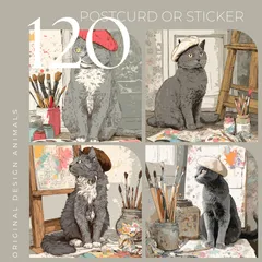 オリジナルデザイン アニマル ポストカード ステッカー マット紙 選べるタイプ 同柄 ハガキサイズ 可愛い 癒し イラスト 紙もの コラージュ 猫 ベレー帽  アトリエ 画家 水彩風 おしゃれ アート
