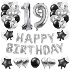 【人気商品】88枚 19歳 誕生日 飾り付け 風船セット 数字バルーン 組み合わせ 「HAPPY BIRTHDAY」ランド ハート風船 紙吹雪風船 ドットシール 装飾 パーティー お祝い サプライズ シルバー＆ブラック 男の子 女の子