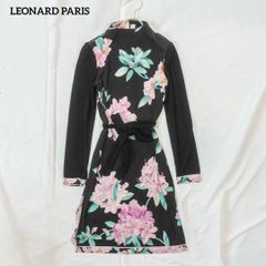 美品✨レオナール シルク100% 華やか花柄 ワンピース リボン 紺 9AR M 