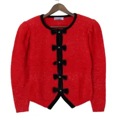 Yves Saint Laurent イヴサンローラン カーディガン チャイナニット M 赤 ラメ リボン ノーカラー ビンテージ