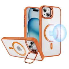 【新着商品】ワイヤレス充電 傷防止背面 ストラップホール付き TPUソフトエッジとPCハードバック リングスタンド 内蔵カメラ ケース ケース ケース アイフォン15 カバー 耐衝撃 隠れスタンド オレンジ MagSafe対応 リング付き クリア 15 iPh