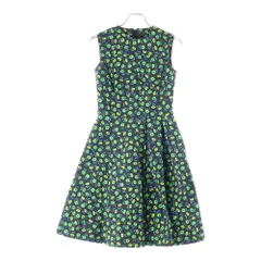 PRADA (プラダ) 16SS フラワー総柄プリント デニム クルーネック ノースリーブ ミディアム フレア ワンピース ブラック/グリーン レディース GFA089