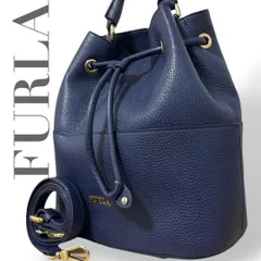 ★美品★FURLA　フルラ　ショルダーバッグ　ハンドバッグ　2way　斜め掛け　巾着　ロゴ　レザー　ネイビー♯1500