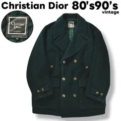 80s 90s ヴィンテージ クリスチャンディオール ムッシュ Christian Dior MONSIEUR メルトン ウール ピーコート Pコート ダブルブレスト 中綿 キルティング M グリーン x チェック柄 ラグジュアリー ハイブランド メンズ