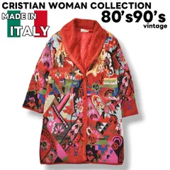 80s 90s ヴィンテージ イタリア製 CRISTIAN WOMAN COLLECTION デザイン ニット セーター ショールカラー コート 裏地 中綿 キルティング M 総柄 マルチカラー レトロ カジュアル レディース ♪