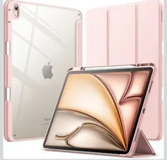 ★JETech iPad Air 13インチ M3/M2（2025/2024）用ケース Pencilホルダー付き 透明バックカバー スリムスタンド 衝撃吸収 タブレットカバー オートウェイク/スリープ機能 (サンディピンク)