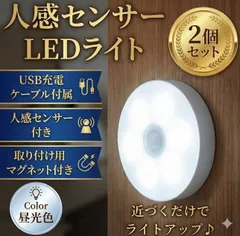 センサーライト　センサー　ライト　2個　セット 室内 人感 LED 廊下 天井 USB 明暗 白色　照明　明かり　充電　充電式　充電ケーブル　付属　玄関　足元　自動　点灯　明るい
