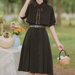 【新品】フレンチレトロ♡ハイウエストボウタイリボンワンピース レディース 韓国 韓国ファッション ワンピース 襟付き ボウタイ リボン シャツワンピース レトロ 学生 制服 カレッジコーデ ベルト付き