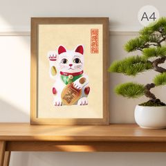 縁起 ポスター まねきねこ 薄橙 ペールオレンジ A4 招き猫 正月 ハンドメイド 和柄 縁起物 商売繁盛 インテリア アートポスター 和風モダン 招き猫 大正ロマン レトロポスター 風水 金運