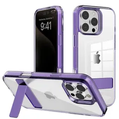 【人気商品】黄変防止/擦り傷防止 耐久性 衝撃吸収 薄型 3wayスタンドモード） （メタルキック 軽量 スタンド機能 スマホケース クリアケース アイフォン16プロ Pro 16 対応 対応 カバー iPhone (パープル) 【極限透明感・機能スタンド】ス