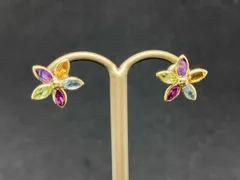 K18 マルチカラーストーン フラワーモチーフ ピアス 0.9g 花 スタッドピアス 18K YG 18金イエローゴールド