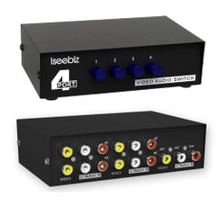 Iseebiz AV Selector, RCA Switch, 4 Input 1 Output/1 Input 4 Output, Bidirectional, No Power Required, Metal Shell, Audio/Video Selector, Compatible with VCRs, DVD Players, and Retro Game Consoles, Interference Prevention