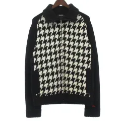 バーバリーブラックレーベル BURBERRY BLACK LABEL 美品 ニット ジャケット ジップアップセーター 千鳥格子柄 黒系 ブラック ホワイト 3 約L
