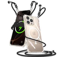 【人気商品】取り外し可能 長さ調整可能 織りストラップ付き 落下防止 紐付き 携帯ケース TPU 透明 縄掛けケース 斜めかけ 紛失防止 肩掛け カバー Pro Pro アイフォン16 マグセーフ対応 ワイヤレス充電対応(ブラック) ショルダー クリア 16