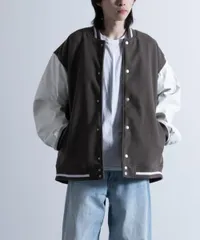 NYLAUS フェイクウール 袖フェイクレザー切り替え 裏キルティング ビッグスタジャン