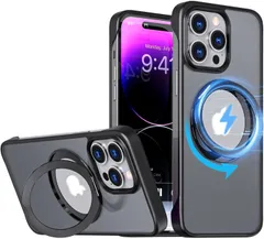 【在庫処分】iPhone 15 Pro Max 用 ケース 【多機能360°回転 スタンド】【MagSafe対応・隠しスタンド】丸型スタンド付き 半透明 マグネット搭載 ワイアレス充電対応 【フレームレスデザイン】縦横両対応 角度調整 アイフォン 15prom