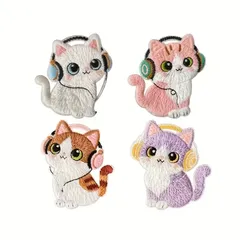 No.332 【1枚売り】猫 刺繍ワッペン アイロン接着 ヘッドホン アップリケ デコ