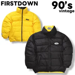 90s ヴィンテージ ファーストダウン FIRSTDOWN リバーシブル ダウン ジャケット キルティング リップストップ ウィンドブレーカー ジャンパー M ブラック x イエロー アウトドア カジュアル ウェア メンズ