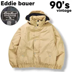 【希少】 90s ヴィンテージ エディーバウアー Eddie bauer フーデット グース ダウン ジャケット キルティング  L ベージュ x ネイビー アウトドア カジュアル ウェア ジャンパー ブルゾン メンズ