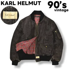 90s ヴィンテージ カールヘルム KARL HELMUT MA－1 デニム ジャケット ジージャン Gジャン 裏地 中綿 キルティング ブルゾン ジャンパー M ブラック x チェック柄 レッド メンズ