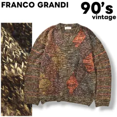90s ヴィンテージ イタリア製 FRANCO GRANDI Vネック ニット セーター ミドルゲージ ドロップショルダー L 総柄 ミックスブラウン レトロ カジュアル ウェア メンズ