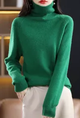 【グリーン】レディース タートルネック ハイネック ニット セーター トップス シンプル 無地 長袖 防寒 保温 暖かい 秋冬 きれいめ 上質 上品