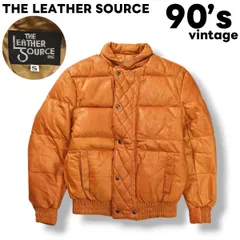 【本革】 90s ヴィンテージ THE LEATHER SOURCE 牛革 レザー キルティング ダウン ジャケット 総裏地 ブルゾン ジャンパー スナップボタン S ライトブラウン アメリカン カジュアル ウェア メンズ