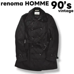 90s ヴィンテージ レノマ オム renoma HOMME 中綿 キルティング トレンチ コート ダブルブレスト センターベント 総裏地 ジャンパー ウィンドブレーカー L ブラック フォーマル モード ビジネス カジュアル メンズ