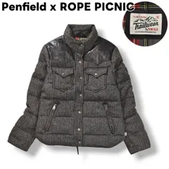 ペンフィールド Penfield x ロペピクニック ROPE PICNIC アンゴラ混 ツイード ウール ネップ入り 本革 切替 キルティング ダウン ジャケット S ヘリンボーン柄 グレー アウトドア レディース ♪