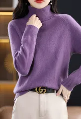 【パープル】レディース タートルネック ハイネック ニット セーター トップス シンプル 無地 長袖 防寒 保温 暖かい 秋冬 きれいめ 上質 上品