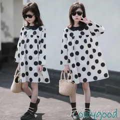 子供服 ワンピース 秋服 女の子 キッズ 長袖ワンピース 韓国風 ジュニアワンピース 膝丈 ドット柄ワンピース ロング丈 こども服 可愛い 小