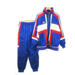 アシックス asics ジャージ セットアップ 上下 トラックジャケット スタンドカラー フード収納 ロングパンツ ロゴ ワッペン 総柄 スポーツ O XL 青 ブルー /MN7 ■GY99