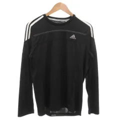 アディダス adidas タグ付き Tシャツ 長袖 L ランニングウエア クルーネック 3ストライプス ロゴ 黒 ブラック 白 ホワイト /GV