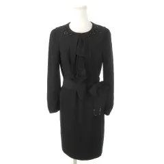 エスカーダ ESCADA SPORT ワンピース ひざ丈 ラウンドネック 長袖 フリル 立体縫製 ビジュー リボン 小さいサイズ 34 XS 黒 ブラック /MN17 ■GY19