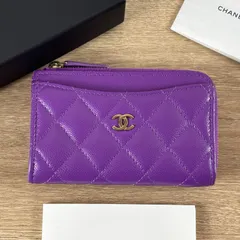 希少カラー　CHANEL シャネル マトラッセ L字ファスナー パープル 紫 コインケース　小銭入れ　フラグメントケース　キャビアスキン レザー ココマーク ゴールド金具 レディース　付属品付き