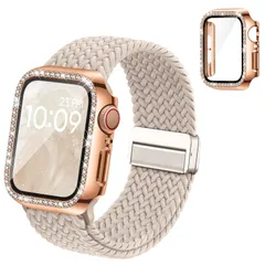 【在庫セール】Apple Watch ケース付きバンド 42mm 40mm 41mm 44mm 45mm 46mm レ編み込み 強力金属磁気バックル調節 通気性 柔軟 可伸縮 【Straplanet】コンパチブル 一体型セット全面保護 耐衝撃 iWatch S