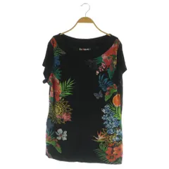 デシグアル Desigual プリント カットソー 半袖 チュニック ボートネック 花柄 ラインストーン XL ブラック /MY ■OS