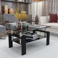 【在庫処分】ガラステーブル ローテーブル 強化ガラス天板 アジャスター付き ガタ付き 収納 幅88×奥行48×高さ42~43cm (ブラックガラス+ブラック脚)