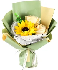 新品 Lakymisy ソープフラワー ひまわり バラ 花束 3輪 ミニローズブーケ サマーギフト 花束 石鹸の花 枯れない造花 誕生日 結婚お祝い 記念日 母の日卒業式 入学式 退職 先生の日 敬老の日 贈り物 送別 ギフト