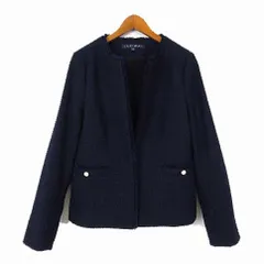 インディヴィ INDIVI V.A.I ツイード ジャケット ブレザー ノーカラー フリンジ フォーマル L 40 紺 ダークネイビー 青紺 美品