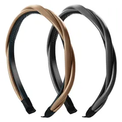 【在庫処分】クロス ねじり ツイスト 編み込み風 ヘアバンド レディース 大人 フェイクレザー かわいい おしゃれ KISARGカチューシャ ２セット ブラックとブラウン