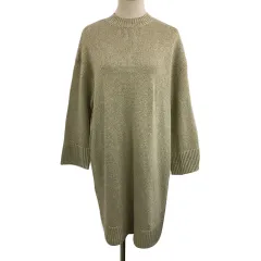 オペークドットクリップ OPAQUE.CLIP ワンピース Iライン ひざ丈 ニット ラメ 無地 長袖 M ベージュ 金 ゴールド