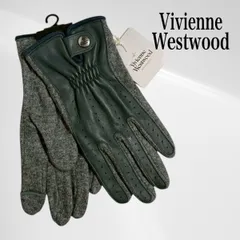 【タグ付き・未使用品】 ヴィヴィアン ウエストウッド レザー ニット コンビ 手袋 グローブ パンチング アウトフィンガー オーブ ボタン ゴム入り 23-24cm グレー