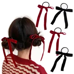 【在庫処分】ベロア リボン ヘアゴム 黒 ヘアアクセ ベルベット シュシュ ヘアアクセサリー 髪飾り リボン 赤 結婚式 おしゃれ 髪ゴム (ワインレッド2個＋ブラック2個)
