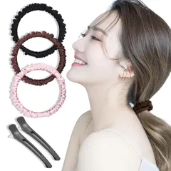 【数量限定】大きめ ピン 黒 黒 ヘアクリップ 2本 シュシュ 髪飾り おしゃれ 前髪クリップ(ブラック・ブラウン・ピンク) ヘアゴム ヘアゴム ヘアゴム オシャレ 静電気防止 髪ゴム シルク シルク 天然 跡がつかない 3個セット