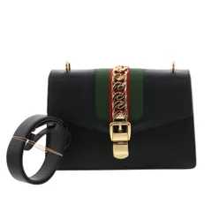 GUCCI グッチ シルヴィ スモール シェリーライン ショルダーバッグ 421882 レディース レザー ブラック グリーン 中古